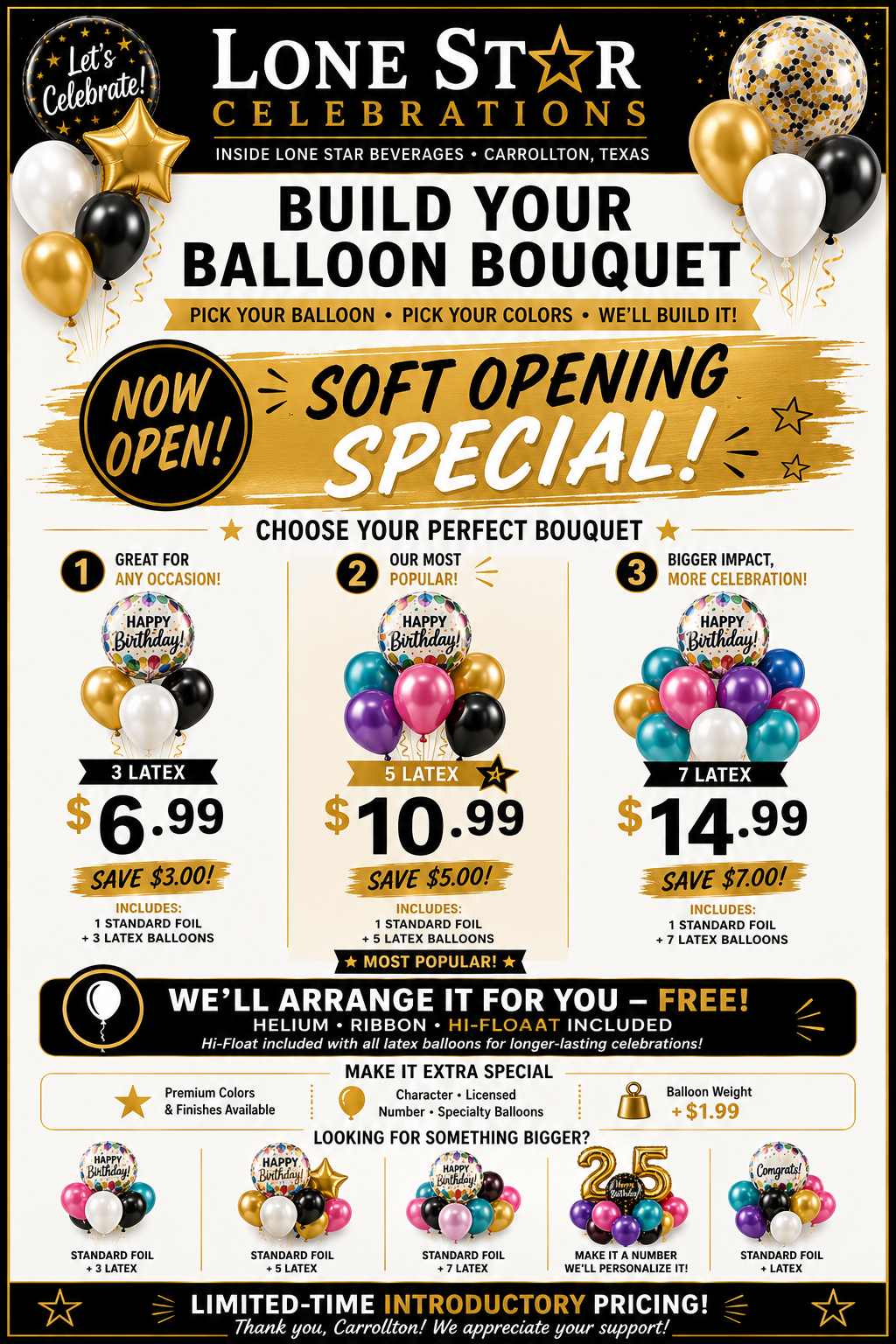 Lone Star Celebrations soft opening balloon pricing flyer